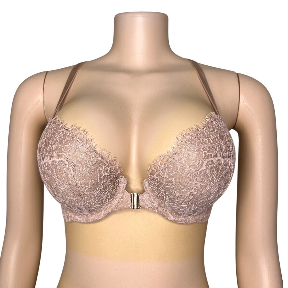 Victoria's Secret Pink Lined Demi Double Front Closure Lace Bra Size 32DD Beige